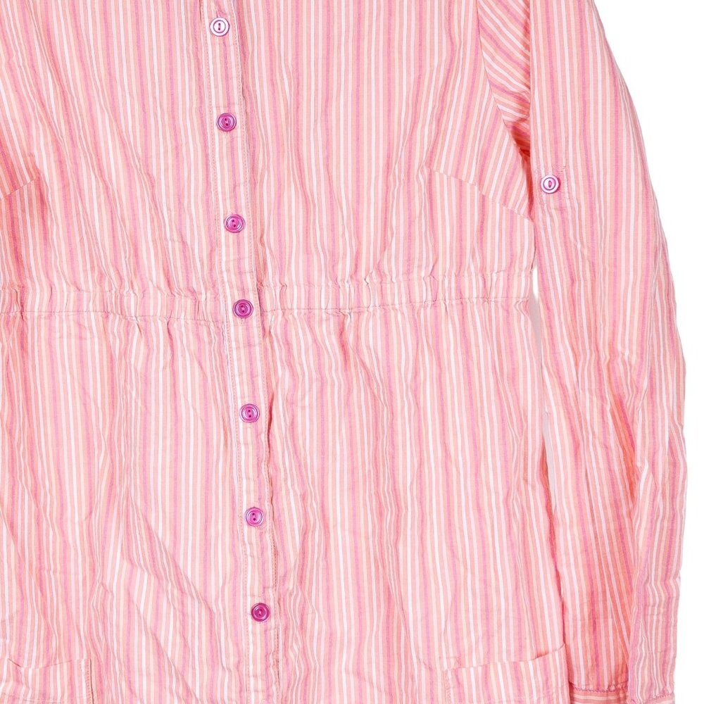Retro Striped Dress XL Women Pink Purple Buttons Elastic Waist Tab Sleeve Cotton - Picture 3 of 6